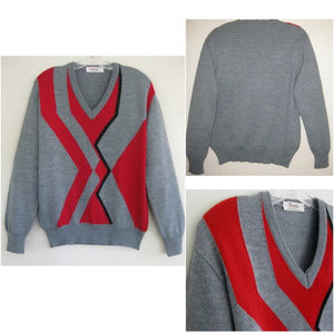 Mens V-neck sweater M Italy Wool bl Geometric Gray Red Black Pattern Pullover